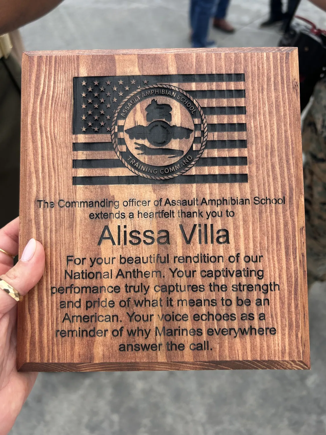 Plaque honoring Alissa Villa's ceremonial contribution